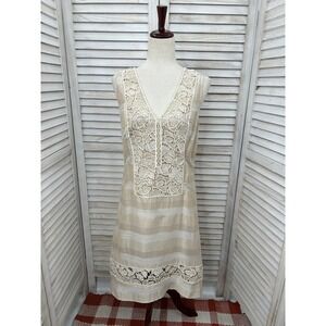 Tracy Reese Dress Medium Beige Cream Stripe Lace Boho Cottagecore Lagenlook
